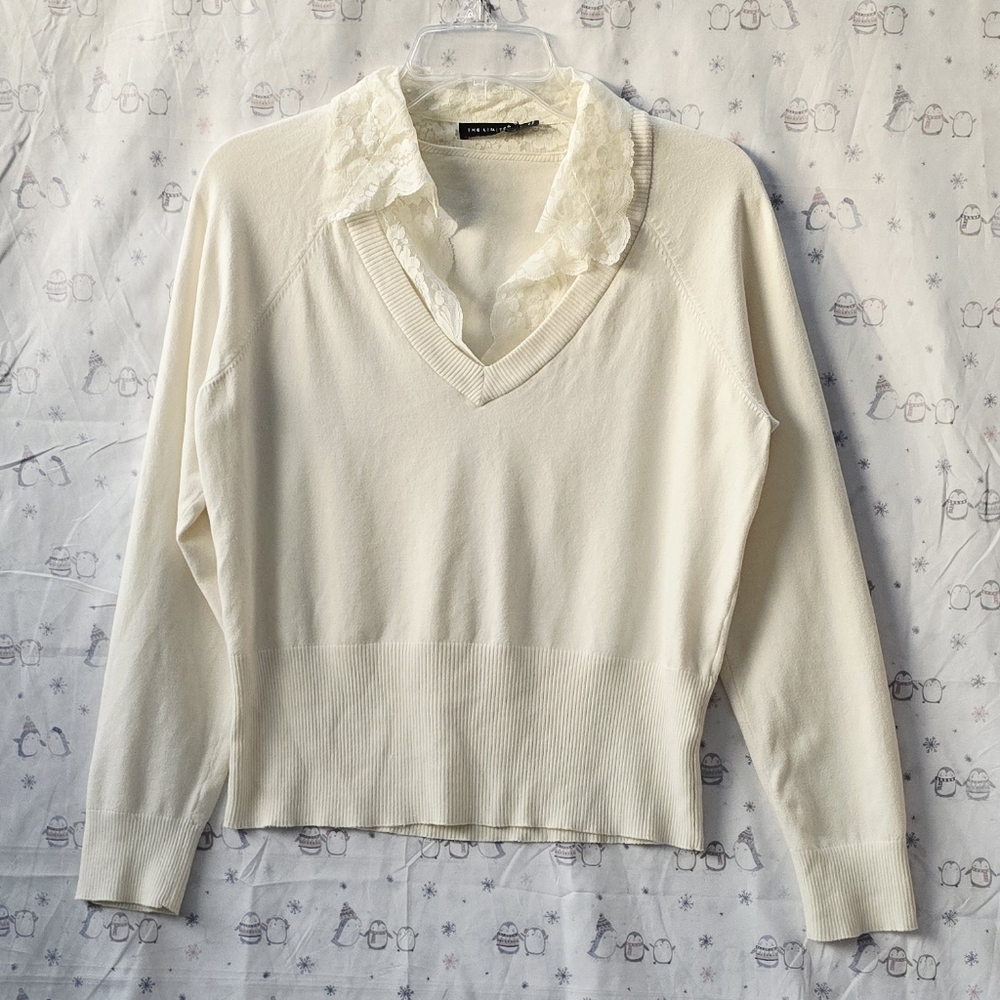 The Limited Cream Color V Neck Pullover Lace Colar Sweater